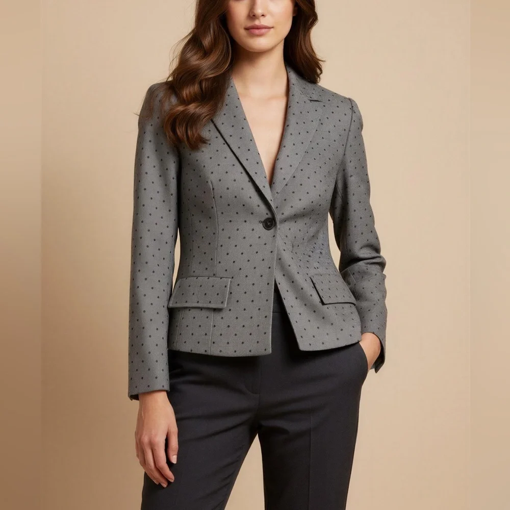 Escada Pure New Wool Gray Black Polka Dot OneButton Blazer Jacket Silk Lining 38